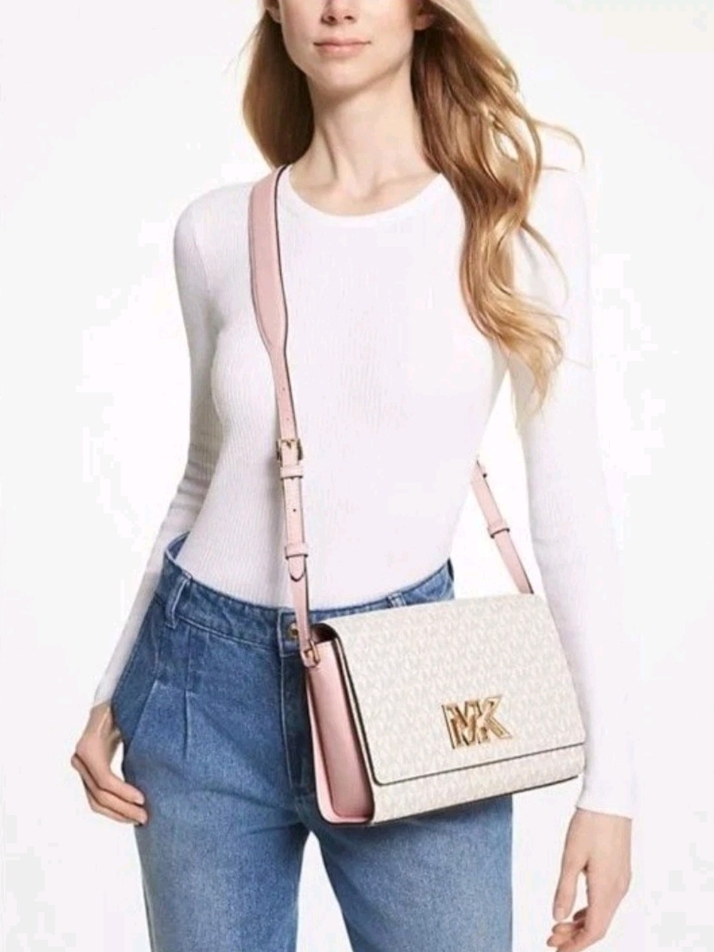 Michael Kors Mimi Cream Signature Crossbody with Pink Leather Trim